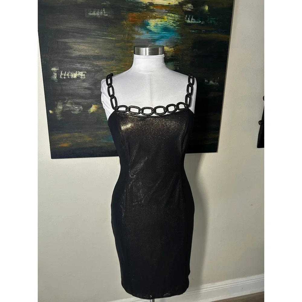 RARE Zula Studio Cocktail Dress 8 Black Gold Metallic Chain Strap Sheath